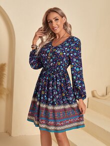 SHEIN 燈籠袖印花連衣裙 - 彩色 - 查看 4