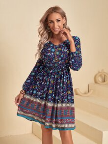 SHEIN 燈籠袖印花連衣裙 - 彩色 - 查看 5