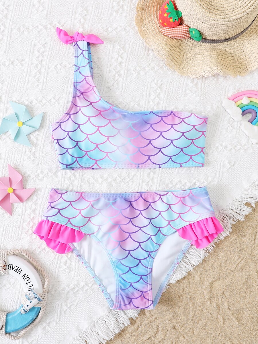 Tween Girl 鱼鳞印花荷叶边单肩比基尼套装夏季海滩 - 藍色 - 查看 1