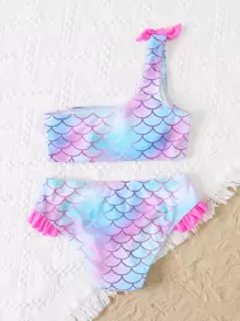 Tween Girl 鱼鳞印花荷叶边单肩比基尼套装夏季海滩 - 藍色 - 查看 2