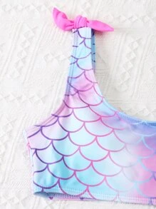 Tween Girl 鱼鳞印花荷叶边单肩比基尼套装夏季海滩 - 藍色 - 查看 4