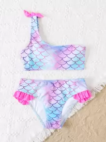 Tween Girl 鱼鳞印花荷叶边单肩比基尼套装夏季海滩 - 藍色 - 查看 5