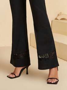 EMERY ROSE 蕾絲拼接喇叭褲 - 黑色 - 查看 3