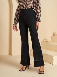 EMERY ROSE 蕾絲拼接喇叭褲 - 黑色 - 查看 5