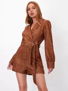 SHEIN Unity 青果領卷邊腰帶連身短褲 - 棕色 - 查看 3