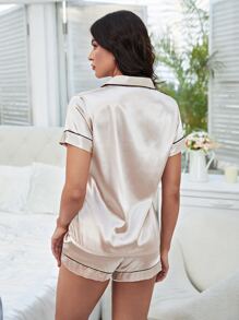 Moireta Conjunto de pijama con camiseta de botones y ribete de contraste y pantalones cortos - Rosa Pálido - Ver 2