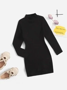 SHEIN 青少女休閒純色長袖包身式連衣裙,具有風格和高領 - 黑色 - 查看 1