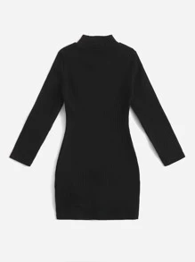 SHEIN 青少女休閒純色長袖包身式連衣裙,具有風格和高領 - 黑色 - 查看 2