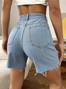 SHEIN EZwear Ripped Raw Hem Denim Shorts - Light Wash - View 2