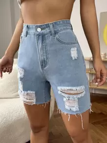 SHEIN EZwear Ripped Raw Hem Denim Shorts - Light Wash - View 3