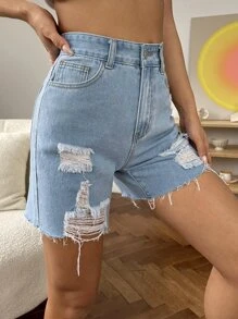 SHEIN EZwear Ripped Raw Hem Denim Shorts - Light Wash - View 5