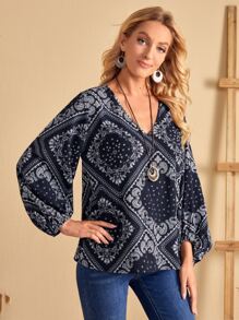 EMERY ROSE Áo sơ mi nữ Paisley Họa tiết khăn Boho - Màu xanh hải quân - Xem 1