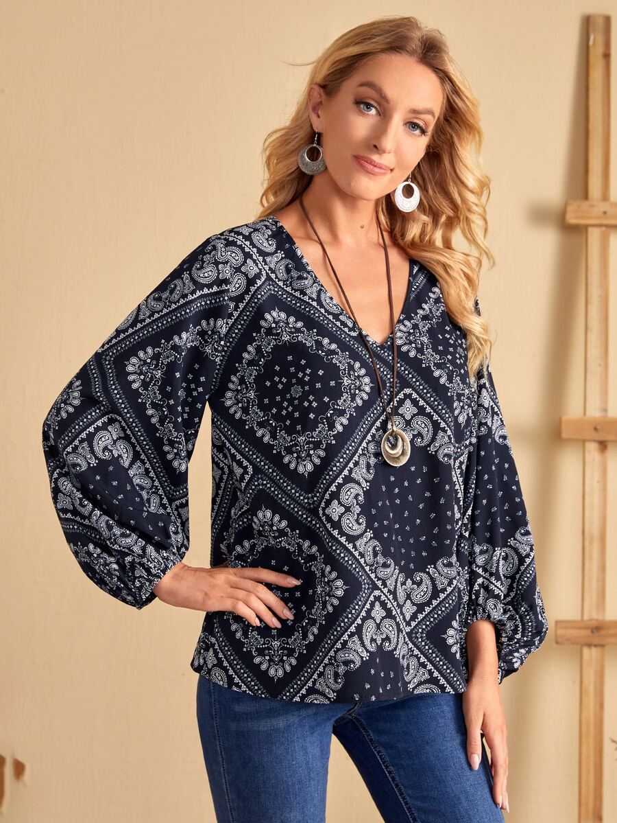 EMERY ROSE Áo sơ mi nữ Paisley Họa tiết khăn Boho - Màu xanh hải quân - Xem 1