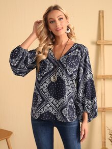 EMERY ROSE Áo sơ mi nữ Paisley Họa tiết khăn Boho - Màu xanh hải quân - Xem 4