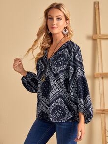 EMERY ROSE Áo sơ mi nữ Paisley Họa tiết khăn Boho - Màu xanh hải quân - Xem 5