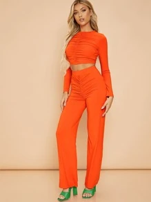SHEIN neón naranja fruncido Top corto & Pantalones Conjunto - Naranja - Ver 1