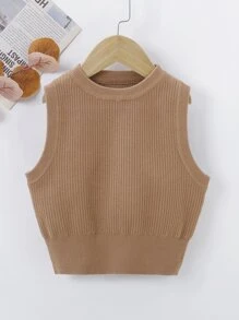 Niñas Chaleco de punto tejido de canalé - Camel - Ver 1