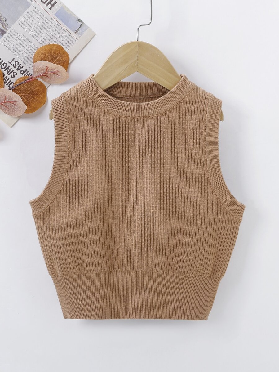 Niñas Chaleco de punto tejido de canalé - Camel - Ver 1