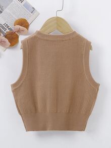 Niñas Chaleco de punto tejido de canalé - Camel - Ver 2