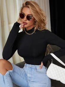 Mock Neck Thumb Hole Bodysuit - Black - View 5