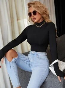 Mock Neck Thumb Hole Bodysuit - Black - View 7