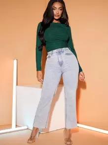 SHEIN SXY Spring Green Pleated Skinny Long Sleeve T-Shirt - Dark Green - View 5