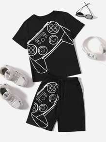 SHEIN Boys Graphic Print Tee & Track Shorts Set - Black - View 1