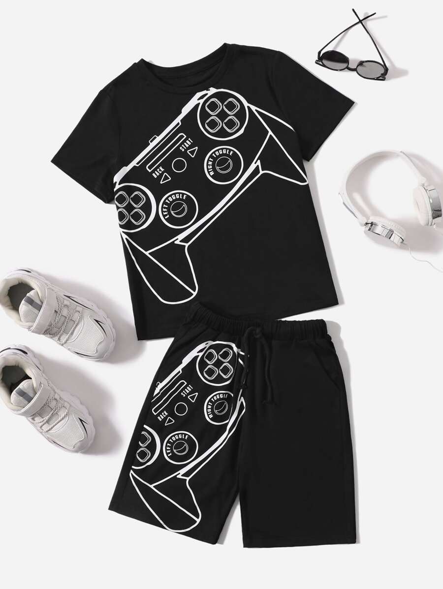 SHEIN Boys Graphic Print Tee & Track Shorts Set - Black - View 1