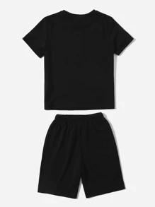 SHEIN Boys Graphic Print Tee & Track Shorts Set - Black - View 2
