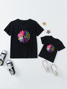 女孩1入組標語和印花T恤 - 黑色 - 查看 3