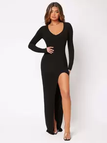 SHEIN SXY 春夏季節大腿高開叉的圓領性感緊身黑長袖連衣裙 - 黑色 - 查看 3