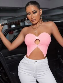 Cut Out Rhinestone Split Hem Crop Tube Top - Baby Pink - View 4