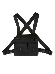 Men Pocket Front Chest Rig Bag Sling Bag - Black - View 1
