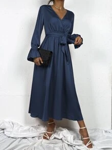 Chiquease 交疊領荷葉袖繫腰帶連衣裙 - 藏蓝色 - 查看 1