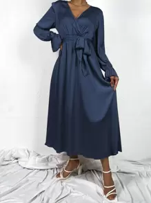 Chiquease 交疊領荷葉袖繫腰帶連衣裙 - 藏蓝色 - 查看 6
