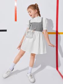 SHEIN Niñas Vestido 2 en 1 de manga farol de cuadros - Blanco - Ver 4