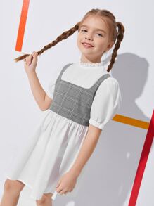 SHEIN Niñas Vestido 2 en 1 de manga farol de cuadros - Blanco - Ver 3