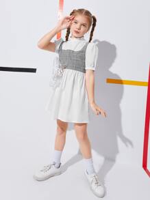 SHEIN Niñas Vestido 2 en 1 de manga farol de cuadros - Blanco - Ver 5