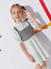 SHEIN Niñas Vestido 2 en 1 de manga farol de cuadros - Blanco - Ver 1