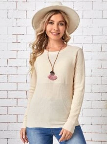 EMERY ROSE 圓領素色套頭毛衣 - 杏色 - 查看 1