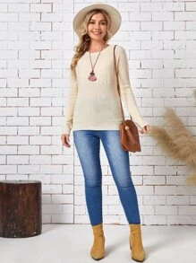 EMERY ROSE 圓領素色套頭毛衣 - 杏色 - 查看 3