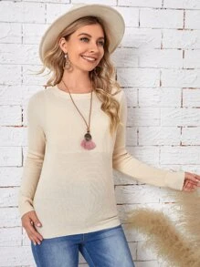 EMERY ROSE 圓領素色套頭毛衣 - 杏色 - 查看 5