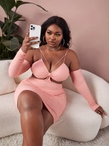 SHEIN SXY Đầm Plus Size Cắt ra Thắt nút Gân đan màu trơn Gợi cảm - Màu Hồng  San hô - Xem 1