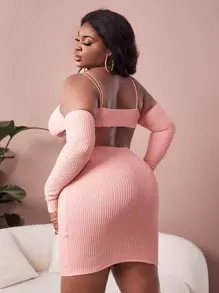 SHEIN SXY Đầm Plus Size Cắt ra Thắt nút Gân đan màu trơn Gợi cảm - Màu Hồng  San hô - Xem 2