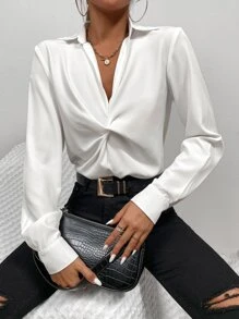 Firerie Blusa de trabajo de mujer con diseño de nudo delantero, blusas de manga larga - Blanco - Ver 1