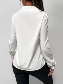 Firerie Blusa de trabajo de mujer con diseño de nudo delantero, blusas de manga larga - Blanco - Ver 2