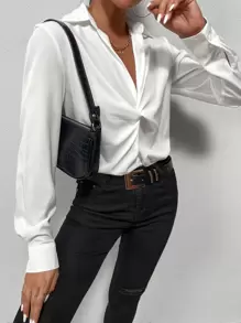 Firerie Blusa de trabajo de mujer con diseño de nudo delantero, blusas de manga larga - Blanco - Ver 4