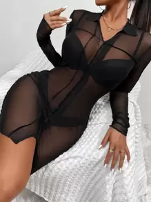 SHEIN SXY 頂針下擺開叉網紗緊身洋裝不附內衣 - 黑色 - 查看 5