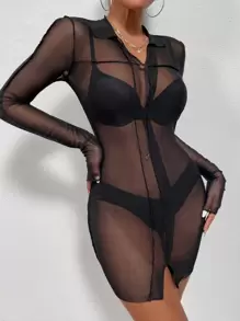 SHEIN SXY 頂針下擺開叉網紗緊身洋裝不附內衣 - 黑色 - 查看 6