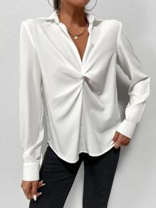 Firerie Blusa de trabajo de mujer con diseño de nudo delantero, blusas de manga larga - Blanco - Ver 6